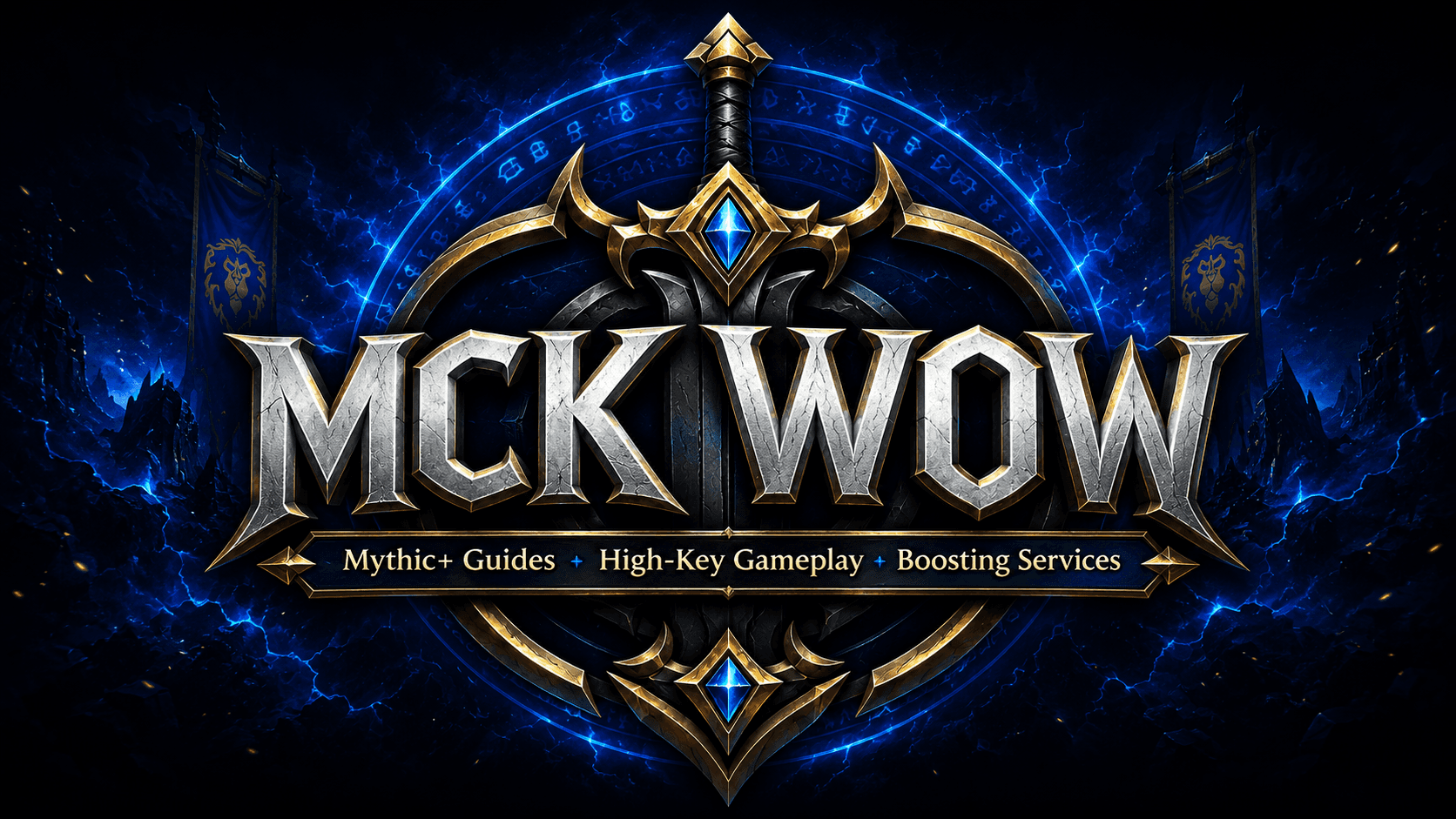 MCK Boost silver and gold crest surrounded by electric blue fantasy energy